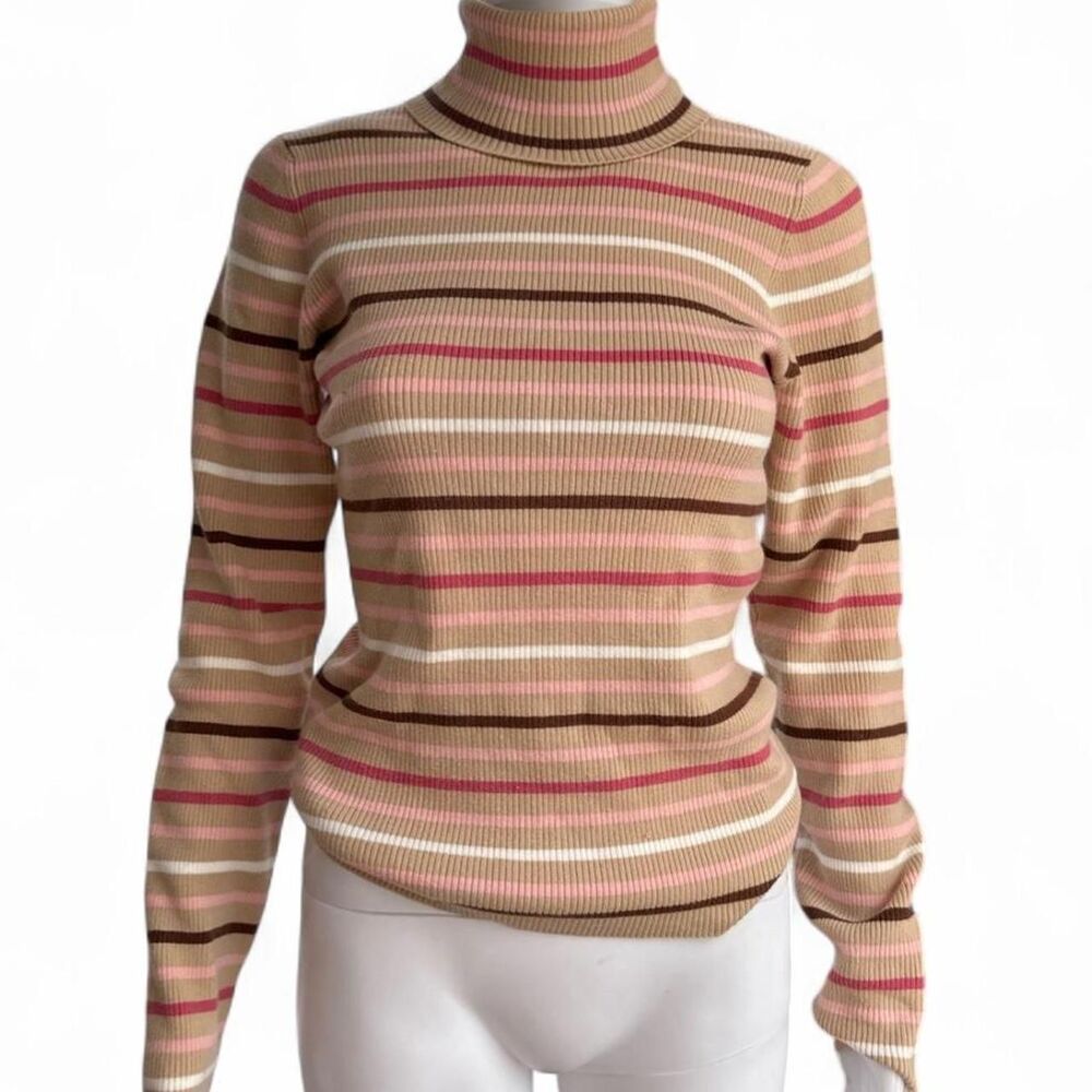 Vintage Old Navy Ribbed & Striped Cotton Blend Turtleneck Sweater - Picture 2 of 6